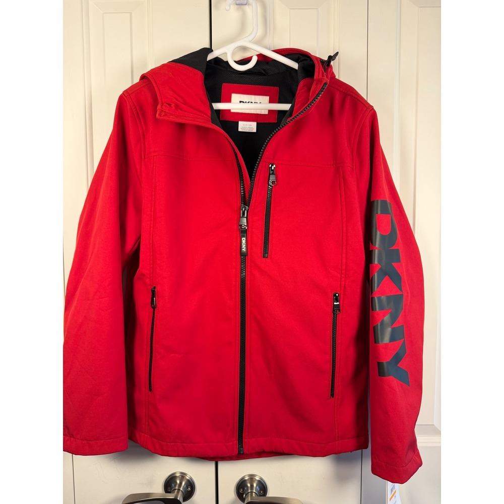 DKNY Mens Hooded Softshell Jacket Red Logo Sleeve Full Zip Coat  Size S